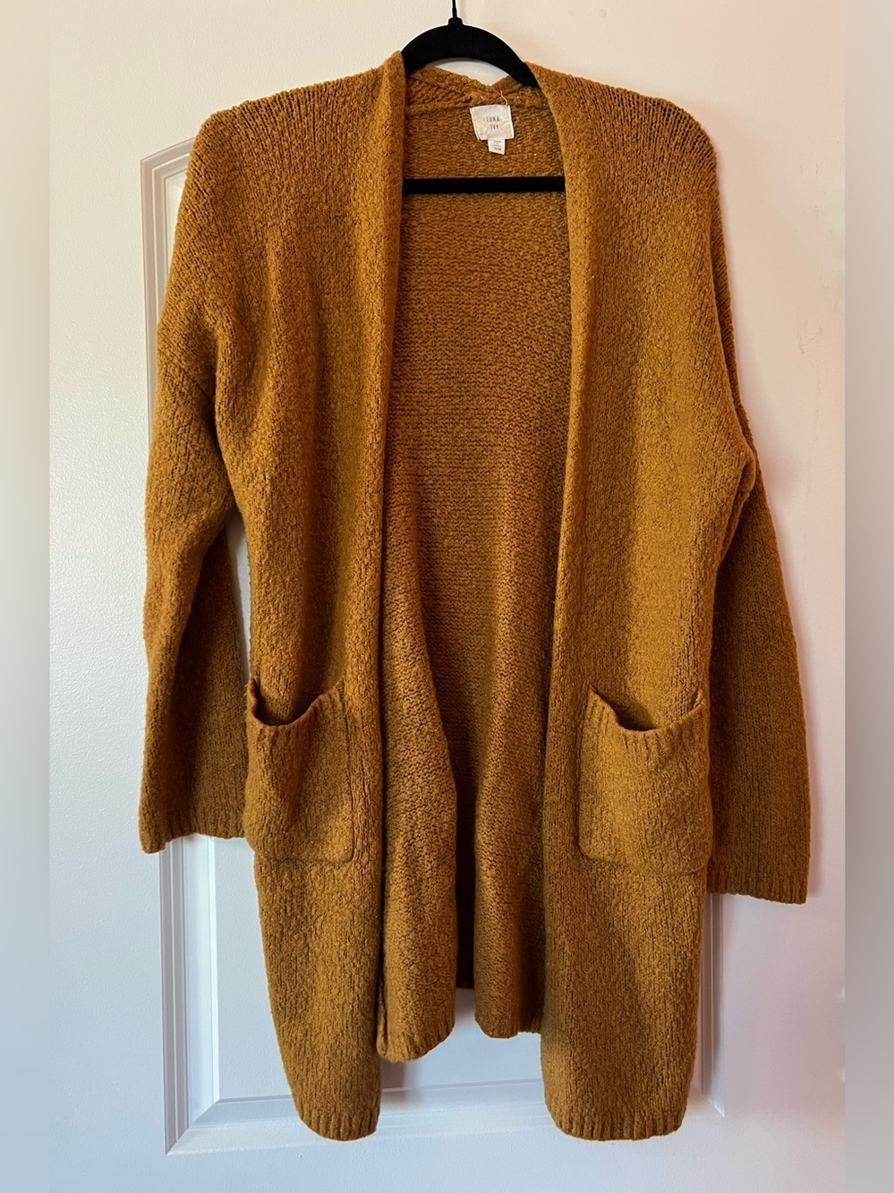 Open-Front Mustard Knit Cardigan with Pockets